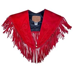 Ben Kalton Vintage Red Suede Fringe Embroidered Shawl Wrap for Women